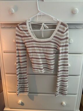 Hollister Cream and Dusty Pink Striped Knit Top